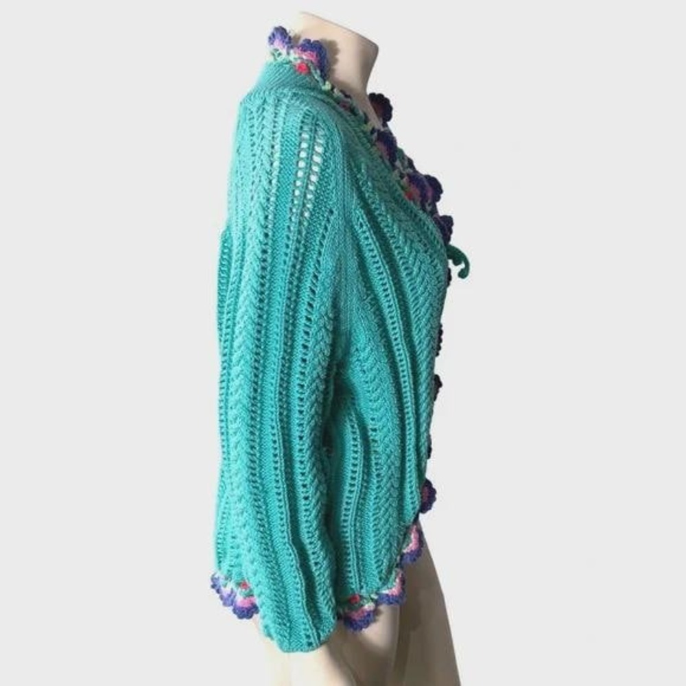 Relativity Teal Crochet Knit Cardigan Open Front Boho Tie Sweater Cottagecore - Picture 2 of 8